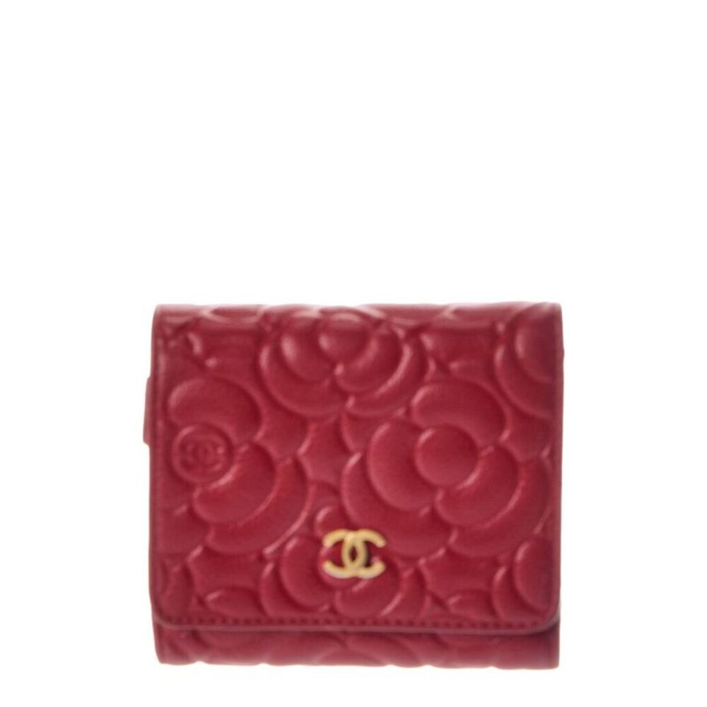 Chanel Red Leather Camellia Embossed Compact Wallet (Authentic Pre-Loved)